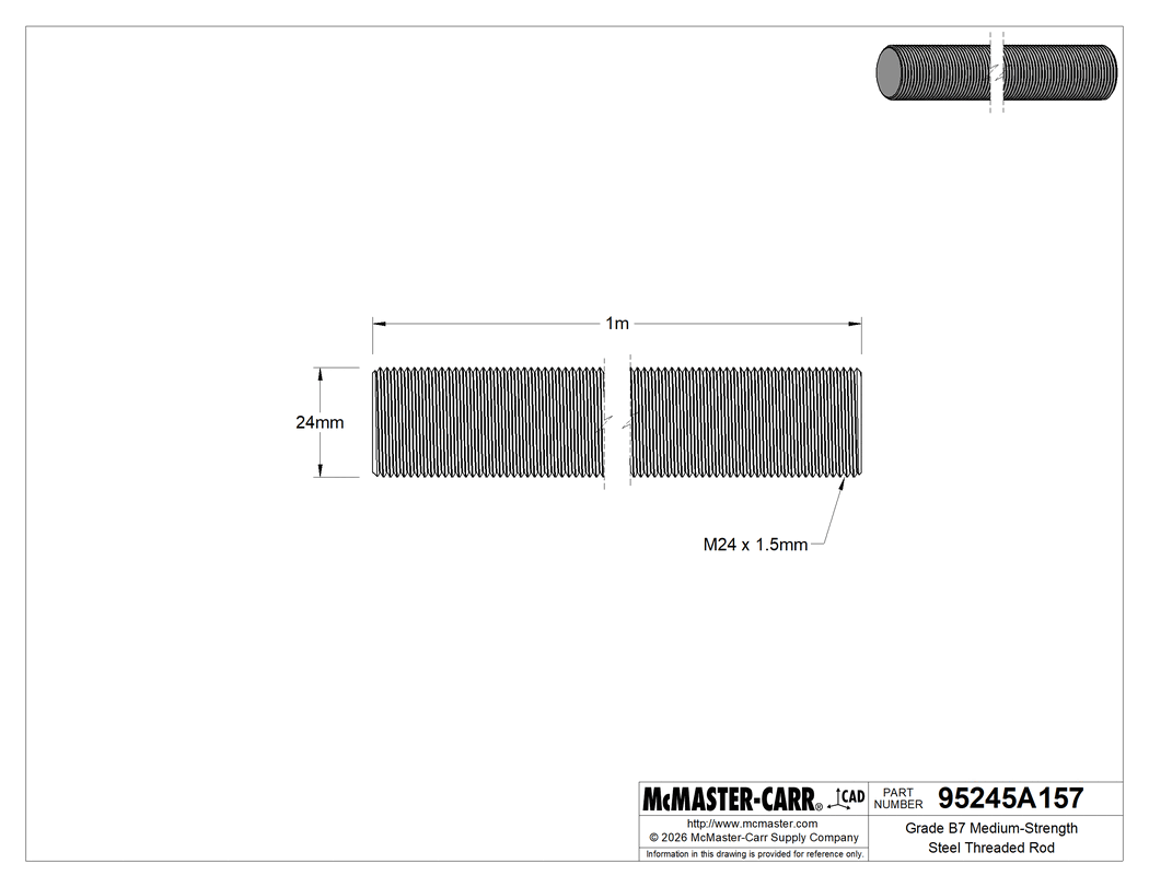 Technical Drawing of Grade B7 Medium-Strength Steel Threaded Rod, Fine-Thread, M24 x 1.5 mm Thread, 1 M Long.